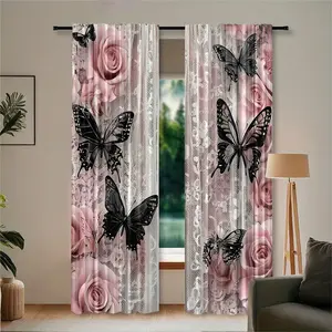 2pcs Pattern of pink roses and black butterflies Print Curtains, Home Decoration Curtain, High Definition Digital Print, Semi-Transparent Polyester, Washable, Bedroom and Living Room Decor