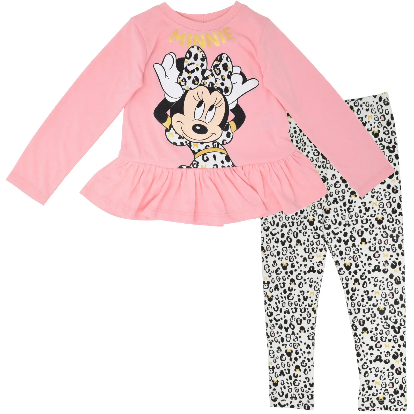 Disney Minnie Mouse Girls' 2-Piece Glitter Tee & Leggings Set, Long Sleeve Graphic Top with Asymmetrical Design & Minnie Graphic, Toddler to Big Kid, Long Sleeve Shirt, Elastic Waist, Glitter Fabric, 10 - 11 Years, 3T, 4T, 2T