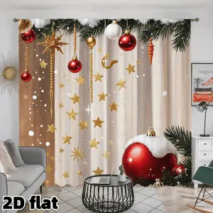 2D Flat 2Pcs Christmas Curtains Festive Holiday Theme Golden Stars Red Ornaments Pine Branches Snowflakes Printed Window Treatment Semi Sheer Polyester Panel For Living Room Bedroom Kitchen Home Winter Season Decor Anti Privacy Window Decorations Supplies