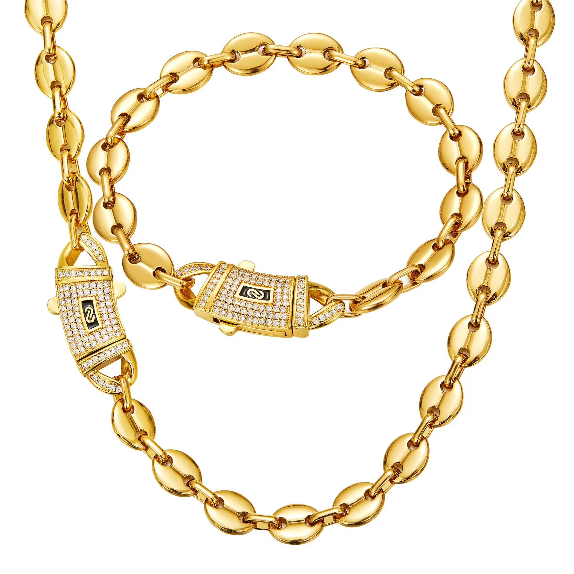 Gold Plated Oval Link Bracelet for Men Women, Personalized Initial Letter Curved Clasp, Iced CZ Stainless Steel Chain, 7"-9" Multiple Sizes, Hip Hop Fashion Jewelry