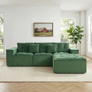 Aobtkel® 101in L-Shaped Modular Compression Cloud Couch, 3-Seater Corduroy Sofa with Movable Footrest, Free DIY Combination, Suitable for Living Room, Bedroom (Green)