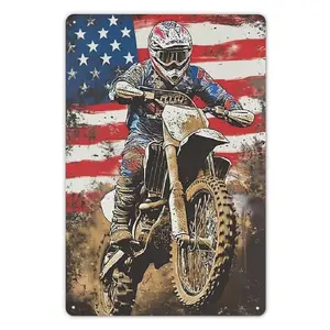 Dirt Bike Racing Motocross Racing American Flag Sign Metal Tin Signs, Racing Motocross Poster For Home/Office/Garages/Bedroom/Cafes Bars Pub/Man Cave Wall Decor Plaque Sign 12X8 Inch