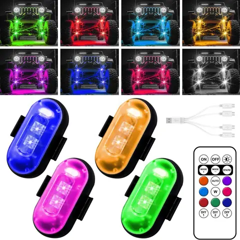 4pcs Black Wireless LED Car Decorative Lights - Multi-Color, 10 Modes, Strobe Module, Warning Function - Auto Accessories, Cool Decorations, Outdoor Lighting - USA-Designed for Motorcycles, Boats (Camping Compatible), Car Decorative Light