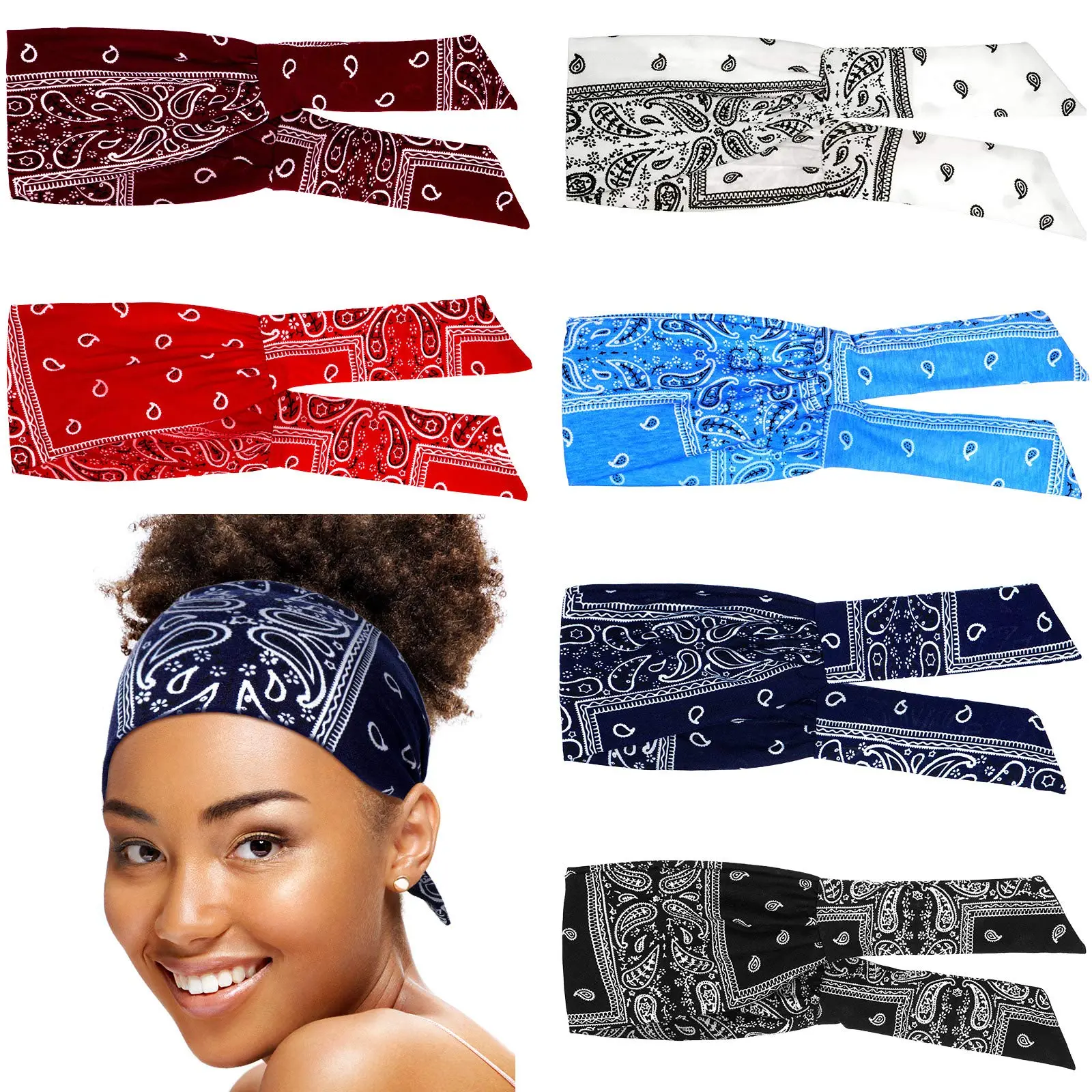 Women's 6-Piece Boho Wide Bandana Style Headbands - Adjustable Elastic Band, Knotted African Fabric, Non-Slip Floral Paisley Patterns for Yoga, Workouts, Boho Headbands