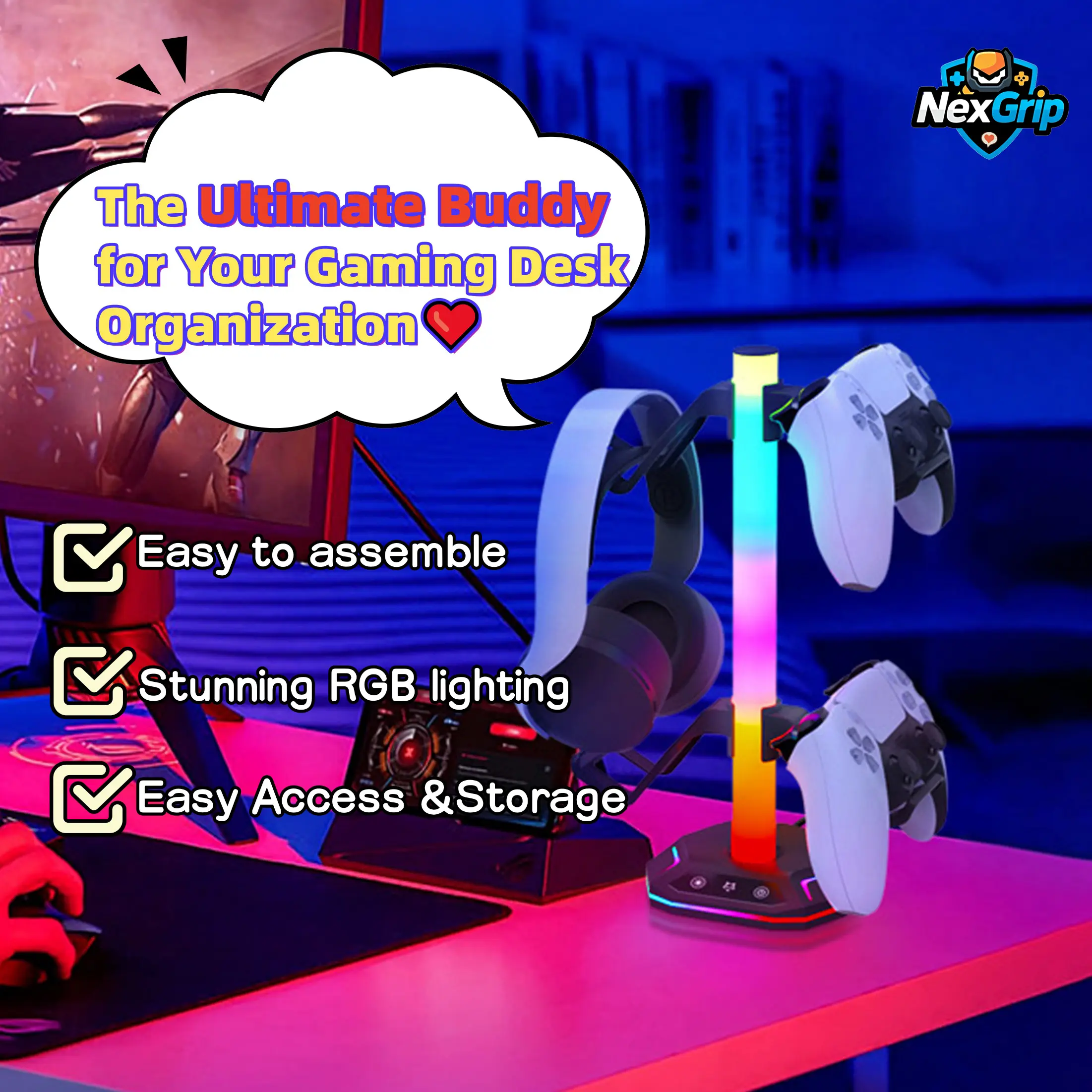 RGB Light Multi-Function Storage Stand for PS5/PS4 Controllers & Headsets – 4-in-1 Gaming Accessory Organizer with LED Lighting,Game Controller Holder,Switch Controller,Game Accessories,Game Peripherals