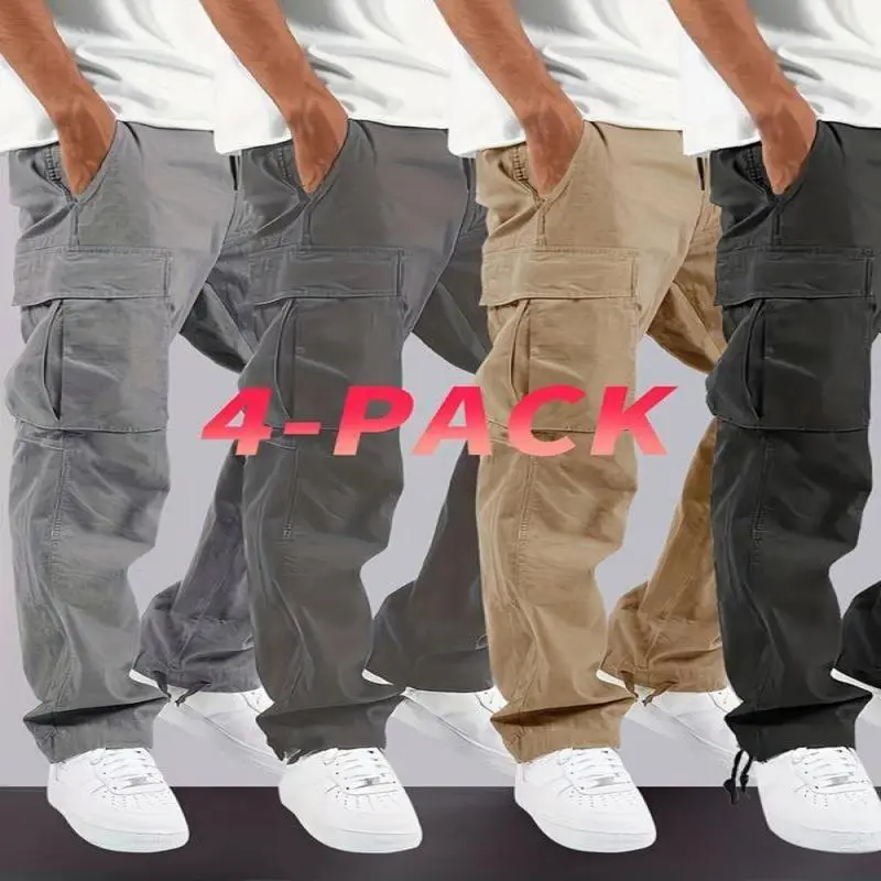 4pcs Men'S Cargo Pants - Loose Fit, Multi Pockets, Machine Washable, Ideal for Outdoor Activities in Spring & Autumn Menswear Trouser sweatpants men Fabric Musical Beige Multicolor Plain linen pants outfits parachute the black