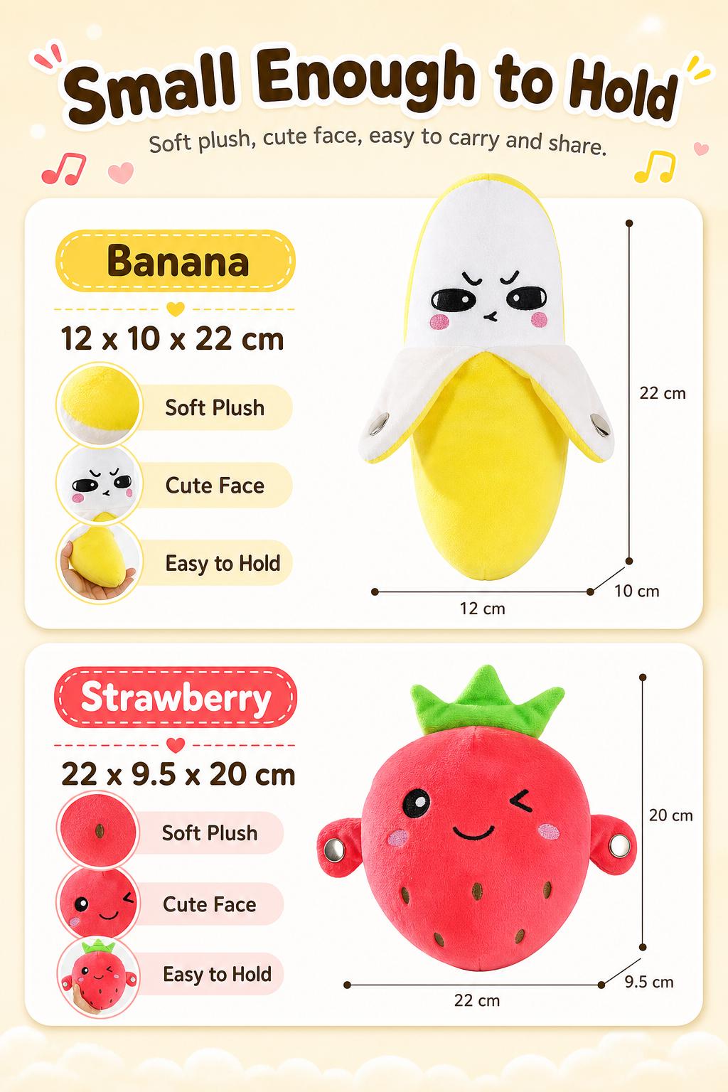 Soft Plush Interactive Musical Fruit Shapes Stuffed Toy (Banana/Strawberry) for Ages 3+, Tactile Play, Touch Sensors, 15 Built-In Songs, 2-Player Mode Parent-Child Interaction, Free Rechargeable AA Starter Kit (Batteries+Mini Screwdriver), 22x9.5x20cm, Tw