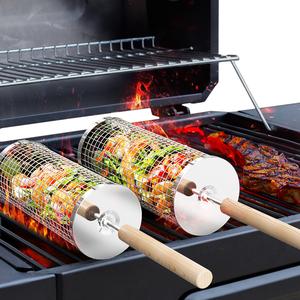 ivtivfu Rolling Grill Baskets 2PCS with Removable Wooden Handles Nesting Design 304 Stainless Steel BBQ Accessories for Vegetables Shrimp Outdoor Camping Kitchen Birthday Gifts for Men Dad Husband - Food