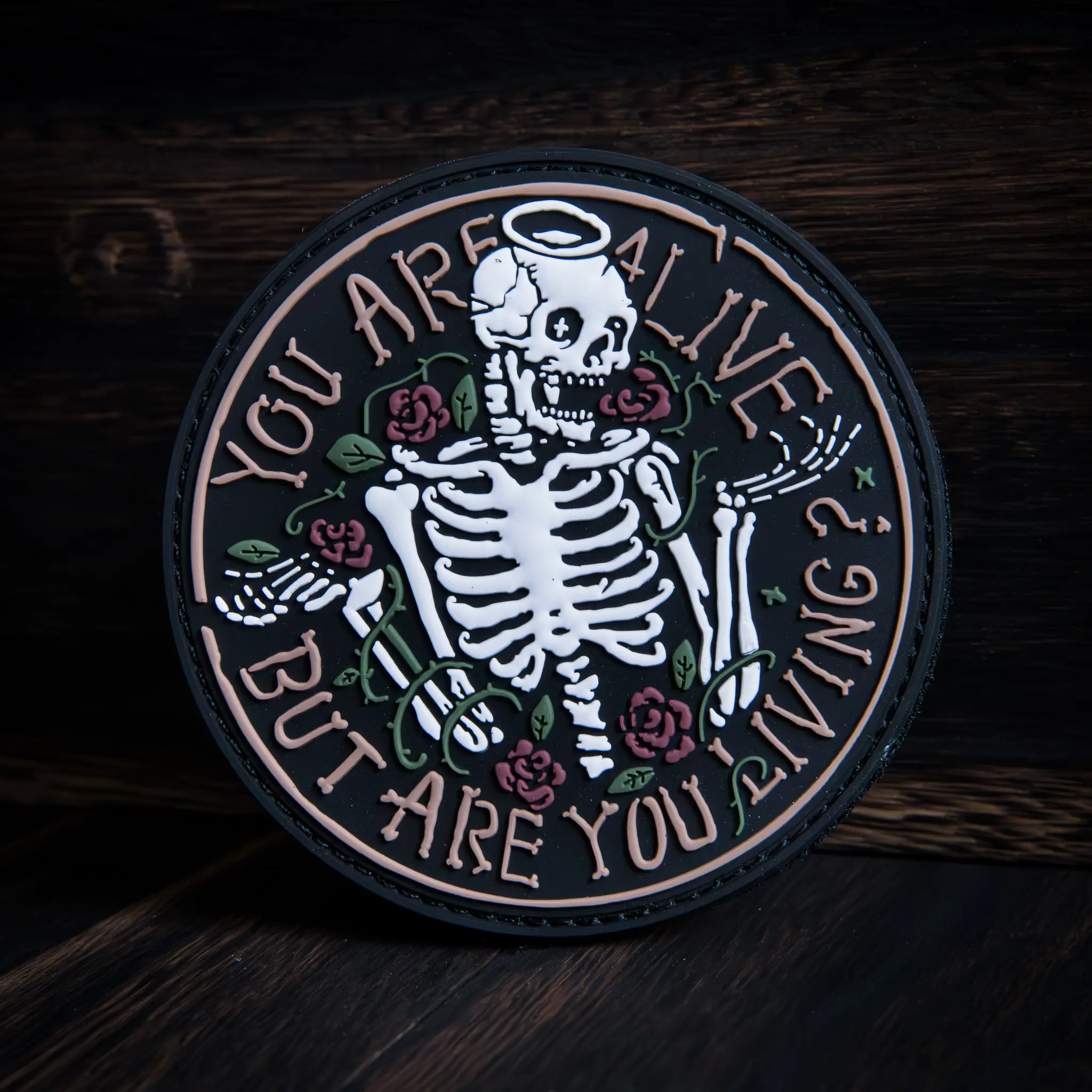 You Are Alive But Are You Living? PVC Patch | Skeleton Morale Patch | Waterproof Hook & Loop Rubber Patch | Gothic Art