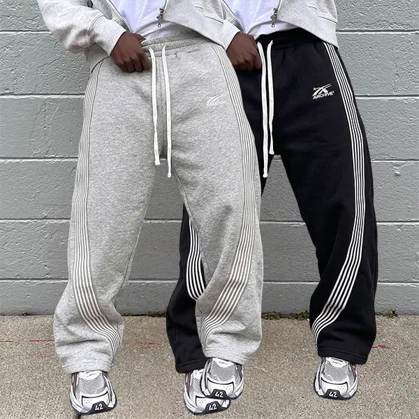 Men’s two-pack jogger sweatpants with vertical stripes on the sides — embroidered drawstring casual long pants, American retro high-street loose hip-hop style long pants