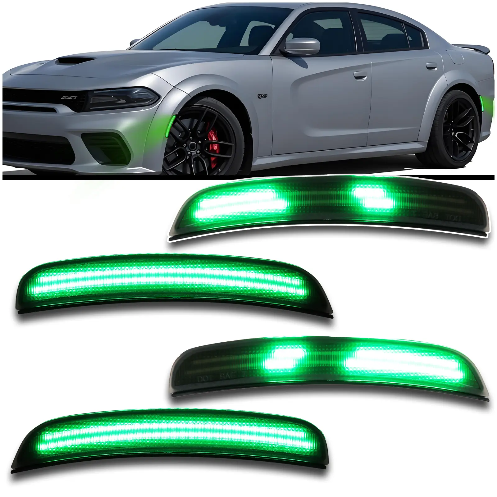 Dynamic LED Side Marker Lights for 2015-2024 Dodge Charger (SXT/Scat Pack/SRT Hellcat) - Dynamic Sequential Turn Signals | Green Front & Rear | Plug & Play 4-Piece Direct Fit