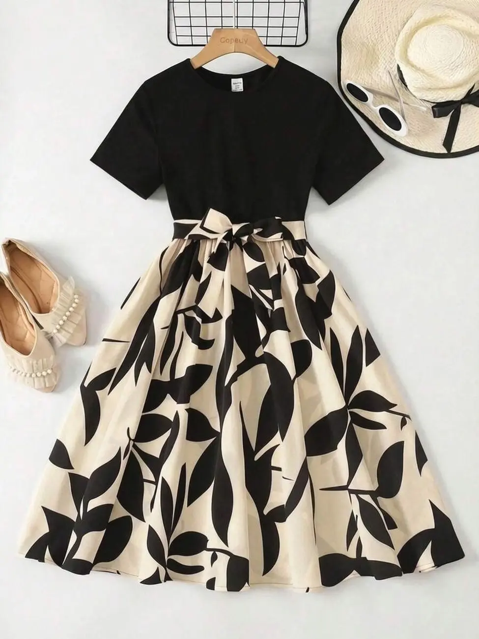 Tween Girls Retro Knitted Dress, Spliced Leopard Print Hem Waist-Cinched Summer Dress