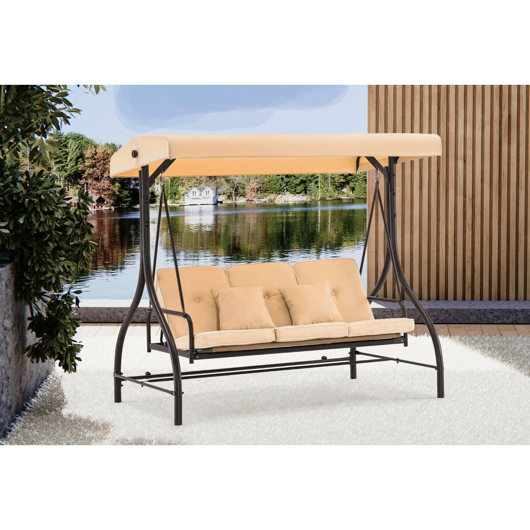 MCombo 3-Seat Patio Swing Outdoor Living Furniture - Fabric, Adjustable Canopy, Steel Frame, Convertible Flat Bed, Spot Clean, 73"(l)x44"(w)x68"(h), 750lb Capacity, Assembly Required, Model 4068, Patio Outdoor Furniture