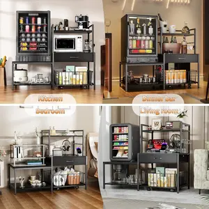 Mini Fridge Stand with Storage, Mini Refrigerator Stand with Power Outlet, Wine Fridge Table with Movable Storage Basket, Heavy Duty Beverage Refrigerator Table for Dorm Home Use (Black)