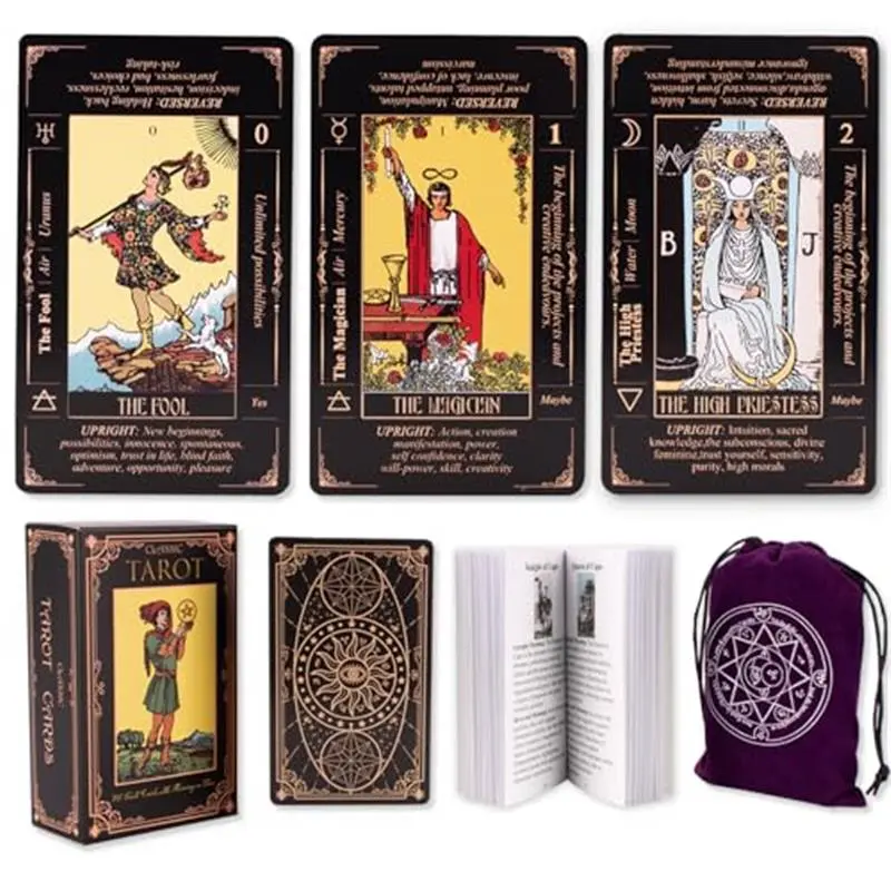 Minimalist Classic Tarot Deck for Beginners - Durable Black Tarot Cards, Includes Meanings Guide Book