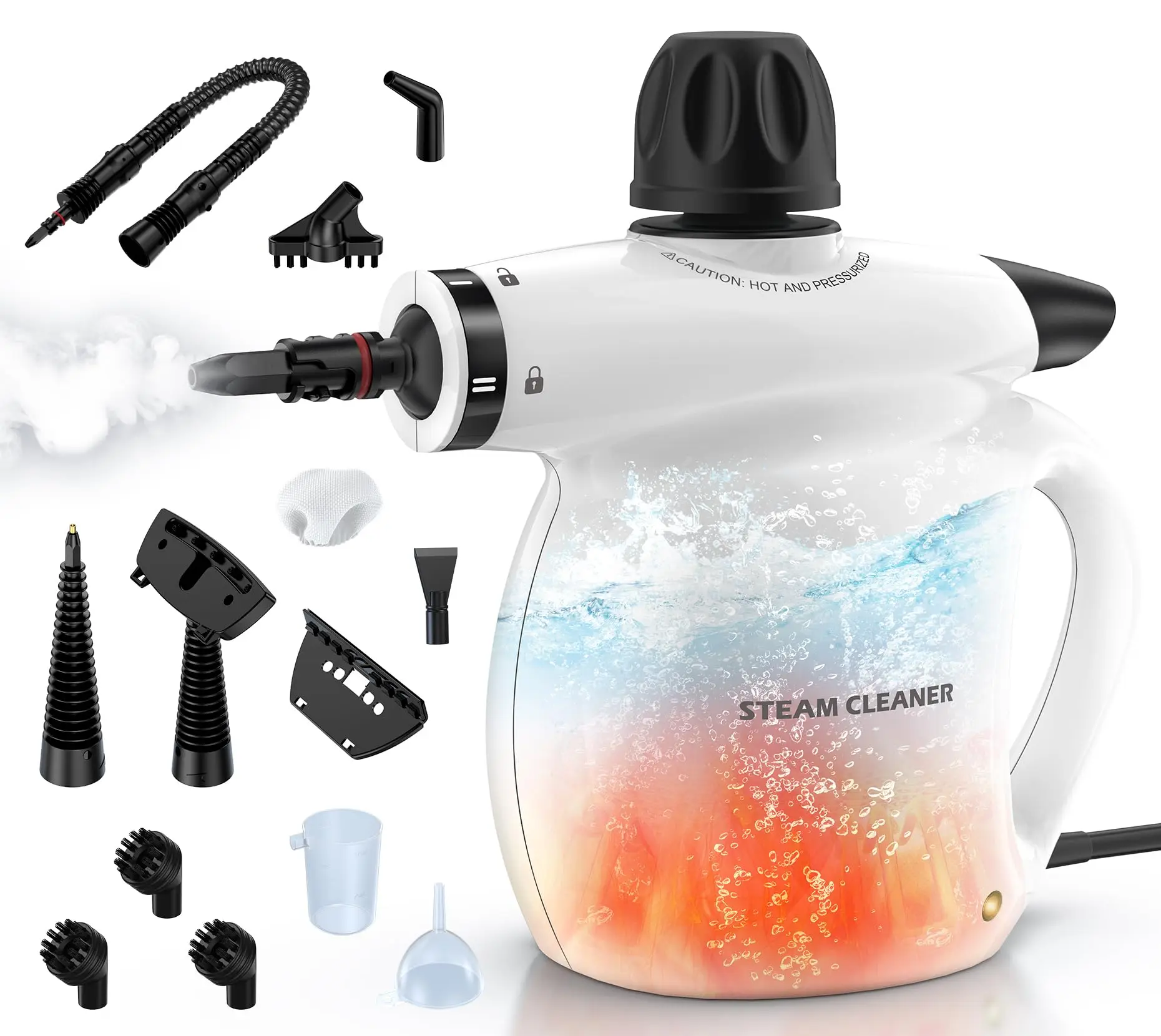Steam Cleaner, Pressurized Handheld 12pcs Multi-Purpose Natural Deep Cleaning Steamer, Portable Steamer for Cleaning Home, Grout, Kitchen, Car, Window, Upholstery, Bathroom and Clothes, White