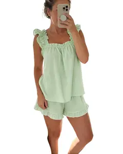 Liqucy Trendy Relax Fit Womens Outfit Women Ruffle Trim Cami Top And Shorts Set Summer Cozy Casual Loungewear Sleepwear Nightwear For Home Vacation Relaxing Lounge Wear Everyday Casual Two Piece Outfits For Women Relax Home Outdoor Beach Lifestyle