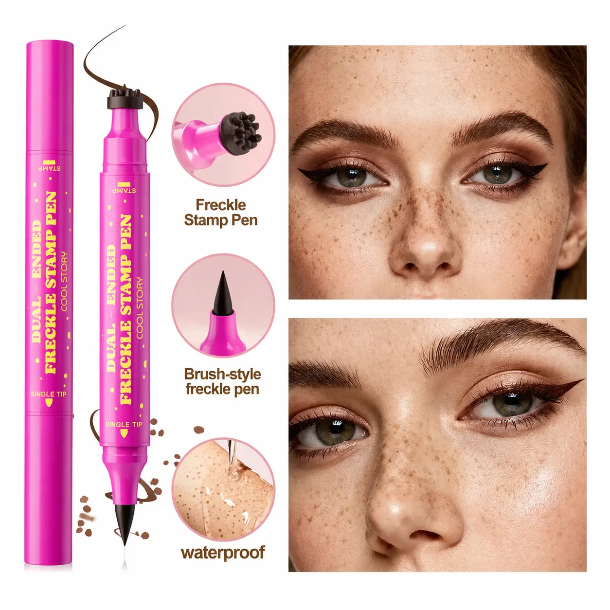 Dual-Ended 3 in 1 Freckle Stamp Pen, Waterproof Long Lasting Faux Freckles Makeup Marker with Fine Tip Eyeliner, Soft Sponge Stamp & Precision Tip, Create Realistic Natural Bold Sunkissed Fake Freckle Look