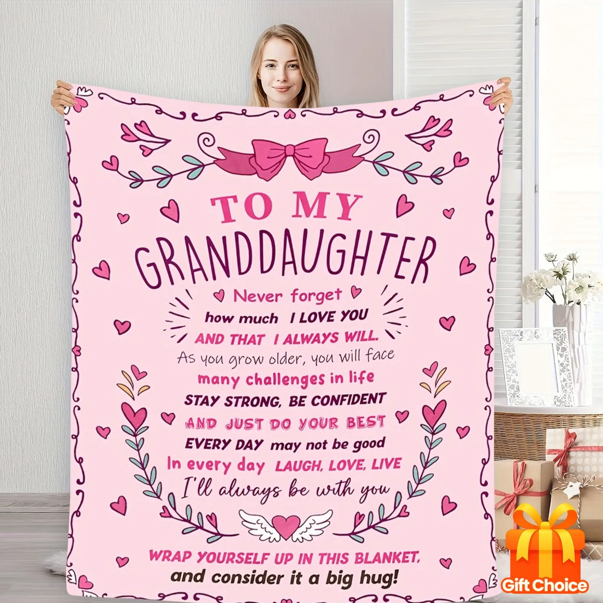 A Gift Blanket - a Soft Fleece Blanket with Heartfelt Messages, Featuring a Pink Floral Design, Perfect for Napping, Camping, Traveling, And Home Decor