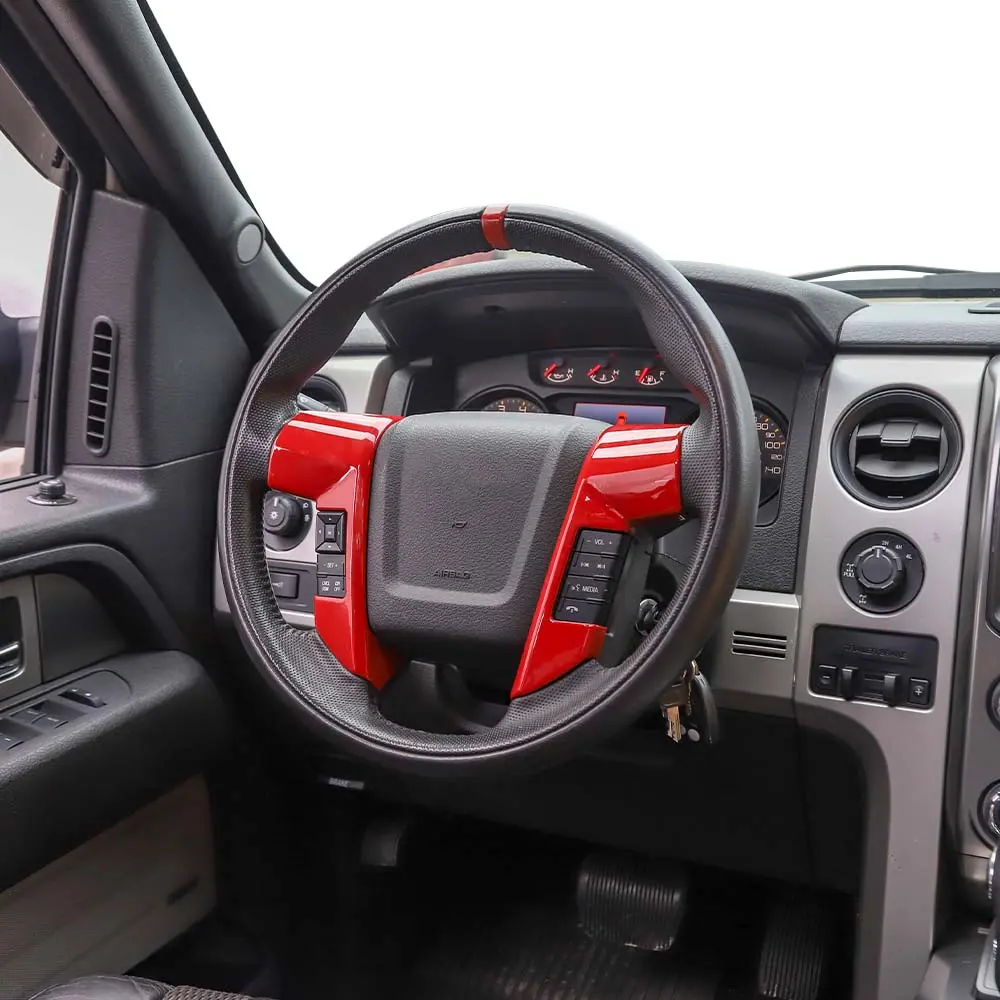 Custom ABS Red Carbonfiber-Silver Gloss Coating Steering Wheel Moulding Cover Trim for Ford F150 2009-2014, Polyurethane, Easy Installation, Durable Car Interior Kit, Decoration, Automotive Accessories, Cars Accessories