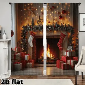 Christmas Fireplace Scene Curtains Set, Holiday Decor Socks Tree Wreath Flashing Lights Stars, Digital Print Semi-Transparent Polyester