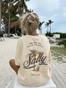 Women's Casual Loose Baggy Round Neck Short Sleeve T-Shirt, Womenswear, Surf Coconut Tree Print, Soft Breathable Fabric, Fashion Comfort, Perfect Summer Top, Casual Fashionable Top