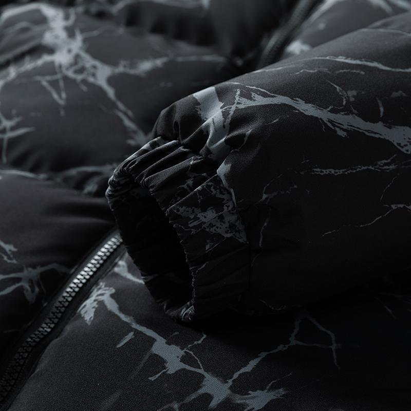 Men's Black Marble Print Stand Collar Puffer Jacket, Stylish Winter Warm Casual Down Coat