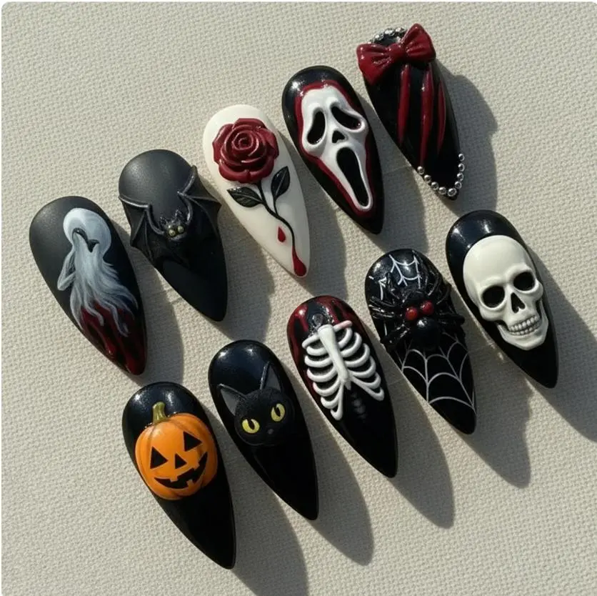 Bloody Gothic Press On Nails – Red Marble with Silver Veins & Handprint | Dark Horror Fake Nails | Halloween Nail Art