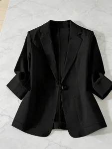 A women's plain lapel single-breasted one-button mid-sleeve double-pocket suit jacket, Business Attire Clothes, suitable for spring and autumn seasons suitable for office and daily wear.