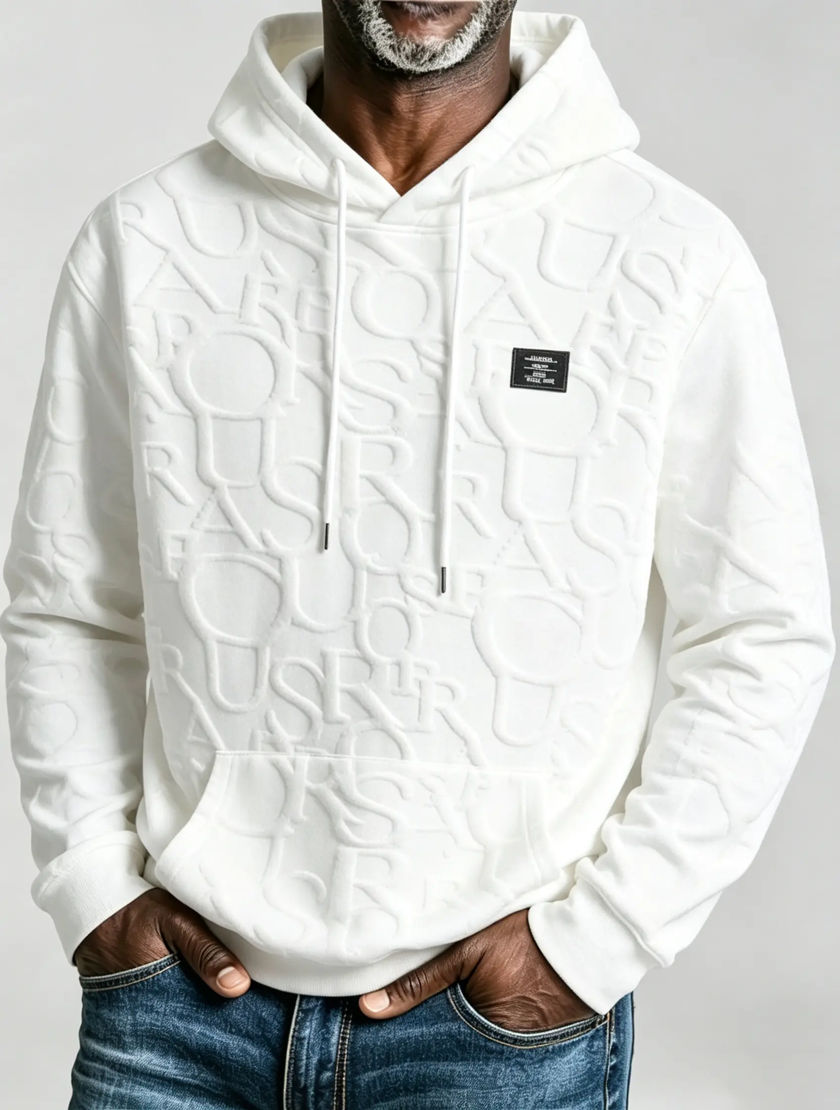 Men's White Embossed Hoodie 3D Textured Pattern Pullover Sweatshirt Streetwear Casual Fashion Top