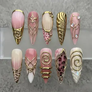 Pink Gold Chrome Press On Nails | 3D Heart Leopard Swirl Nail Art | Long Stiletto Almond Luxury Fake Nails Handmade