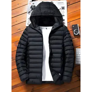Warm and Comfortable Men's Solid Hooded Jacket for Fall Winter, Quilted Zip Up Casual Leisure Clothing for Outdoors Menswear Coats Polyester Tops Fabric Zipper Black Long Sleeve shirt regular fit casual shirt Gamis