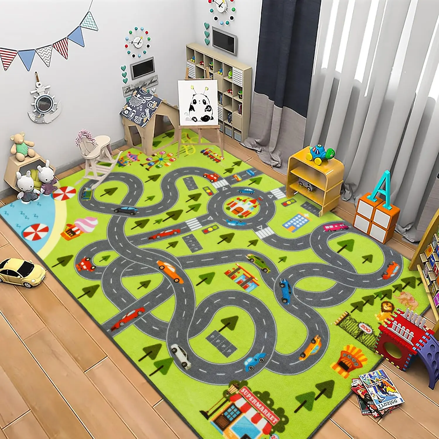 Kids Play Mat Rug, Fun and Educational City Play Rug for Hot Wheels Track Racing and Toys, Kids Carpet Playmat Area Rug for Children Bedroom Play Room Nursery, 4x6 Feet
