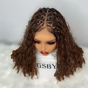 WIGSBYITO Triangular Cut Boho Braids with Curly Tip Color Brown 360 Full Lace Cap Synthetic Wig for Stylish Look