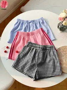 3-Pack Y2K Sweet Girl Summer Plaid Striped Shorts, Lightweight Loose Fit Casual Pants, Trendy Outerwear & Home Wear for Girls
