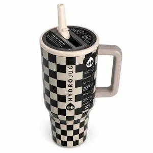 HydroJug 40oz Checkered Traveler Tumbler with Handle, Leakproof Stainless Steel Insulated Cup, Black and White Checkerboard Water Bottle, Keeps Cold 24H Portable Bottled Mug Stylish Straw Detachable Lid Flasks Flasks Flasks Lid Detachable Drinkware Flasks