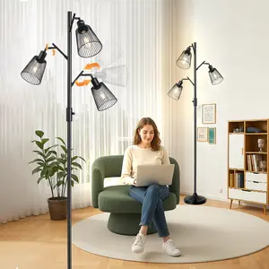 BAYSQUIRREL 70" Adjustable Dimmable Floor Lamp with 3 Edison Bulbs, Industrial Farmhouse Design, Elegant Cage Shade, Black Finish, Perfect for Living Room, Bedroom, Study, Office, Dining Room