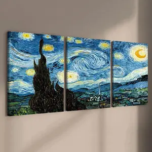 Starry Night Town Pattern Wooden Framed Canvas Painting, 3 Counts/set Modern Abstract Design, Abstract Modern Wall Art, Wall Decor for Home Living Room Bedroom Office