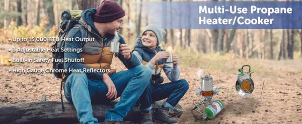 Flame King FK-AD010CGA Multi-Use Portable Propane Heater/Cooker 15,000 BTU for Camping, Ice Fishing, and Backpacking Trips, Silver