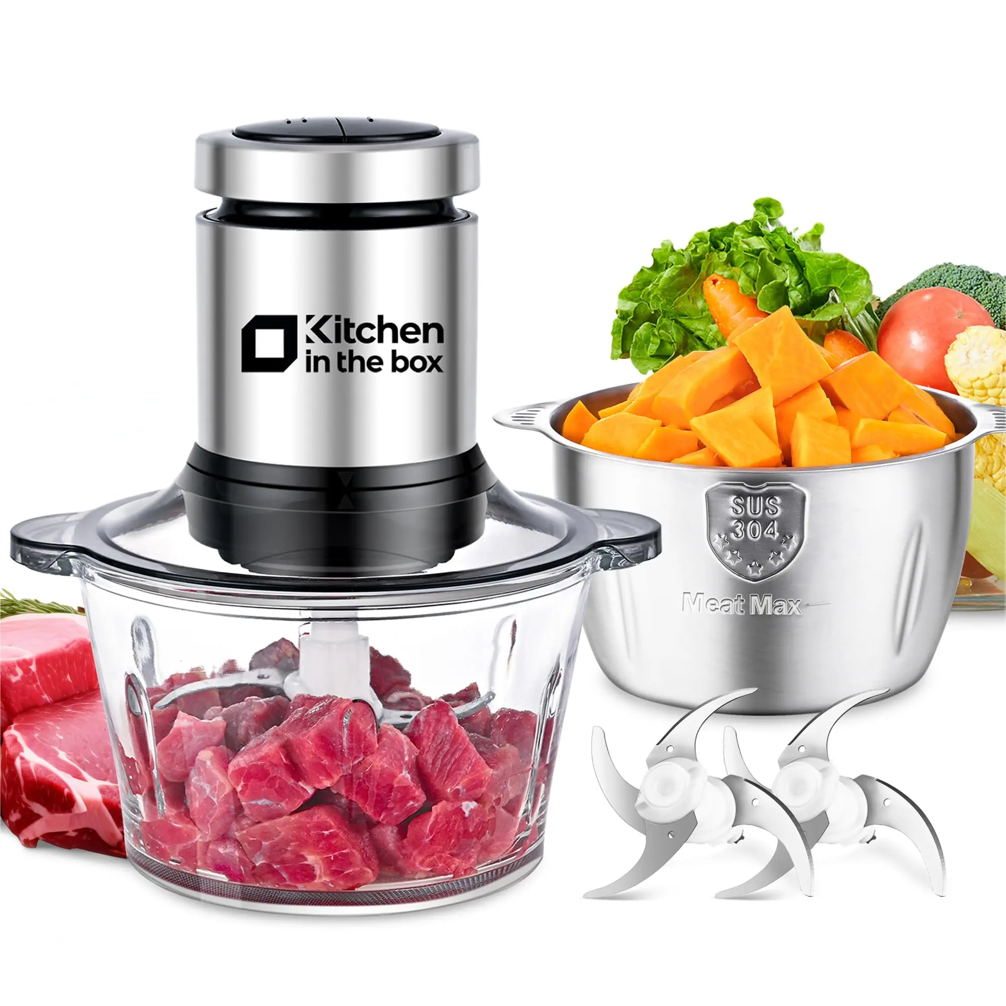 Kitchen in the box Food Processors 400W Small Electric Meat Grinder & Food Chopper with 2 Bowls & 2 Bi-Level Blades for Meat, Fish, Vegetable & Baby Food summerwins