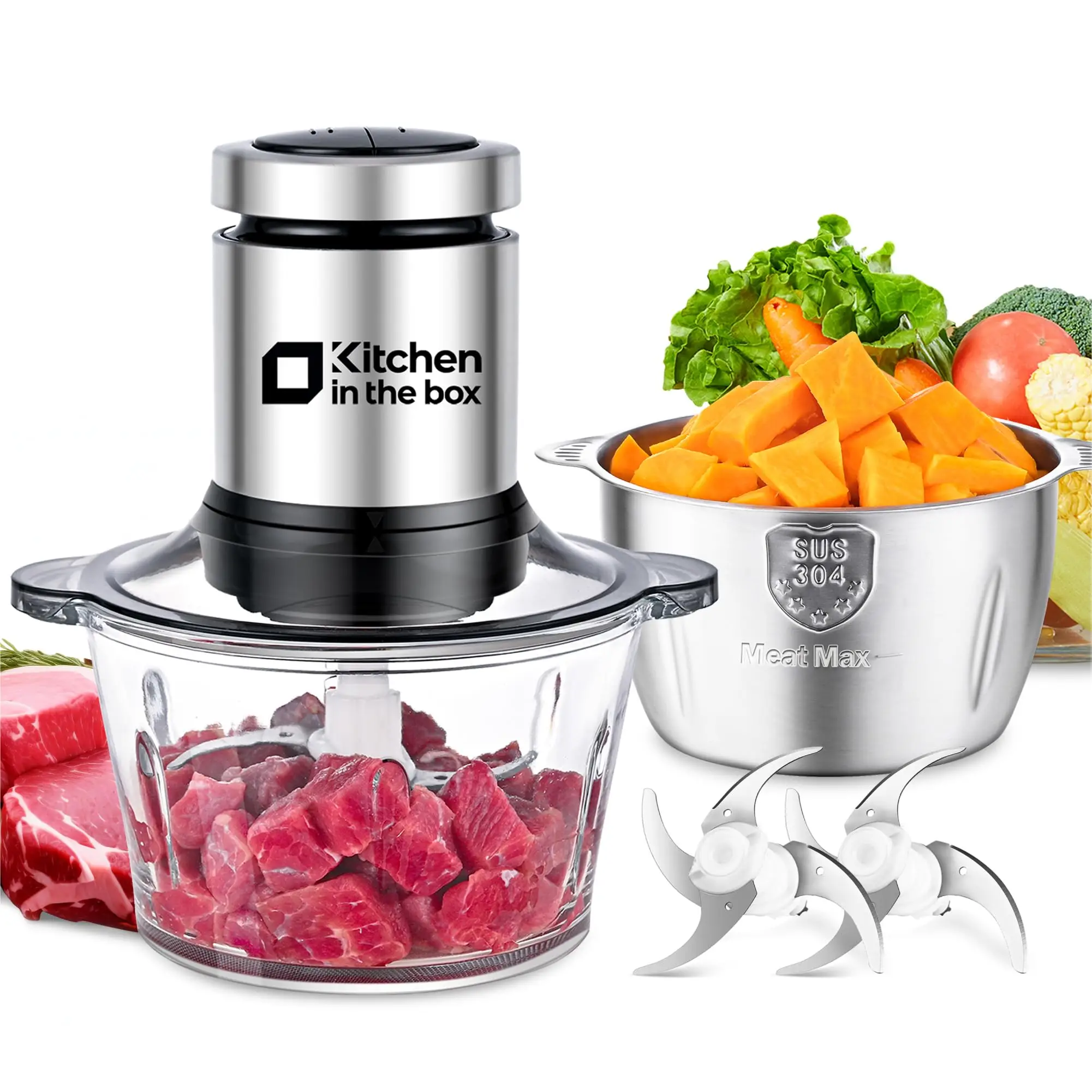 Kitchen in the box Food Processors 400W Small Electric Meat Grinder & Food Chopper with 2 Bowls & 2 Bi-Level Blades for Meat, Fish, Vegetable & Baby F