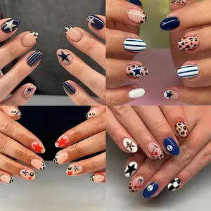 96pcs Short Oval Acrylic Nails Set, Star Leopard Stripe French Design, Glossy Finish, Reusable Press-On Nails for Women and Girls