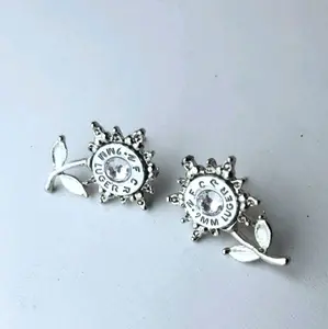 Sunflower Bullet Stud Earrings - Silver Finish with Decorative Design and Leaf Accents Glam Jewelry for Women