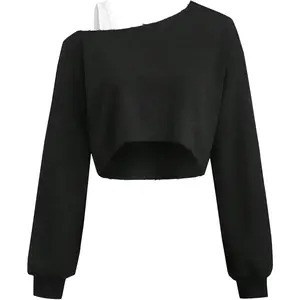 Off The Shoulder Tops for Women Cropped Sweats Hoodie hirt Long Sleeve Top Asymmetrical Patchwork Shirt Fabric Winter Loose Basic Bow Black Casual Minimalist Short Fit Sweatshirt Womenswear Everyday