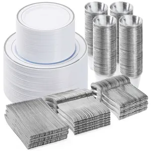 Silver Plastic Dinnerware Set 600PCS for 100 Guests 100 Plates 100 Cups 100 Cutlery BPA-Free Heavy Duty Disposable Ideal for Weddings Parties Events