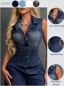 Elegant Fitted Sleeveless Denim Jacket with Button for Women, Casual All-Season Wear, Unique Fashion Design, Plain Pattern, with Collar