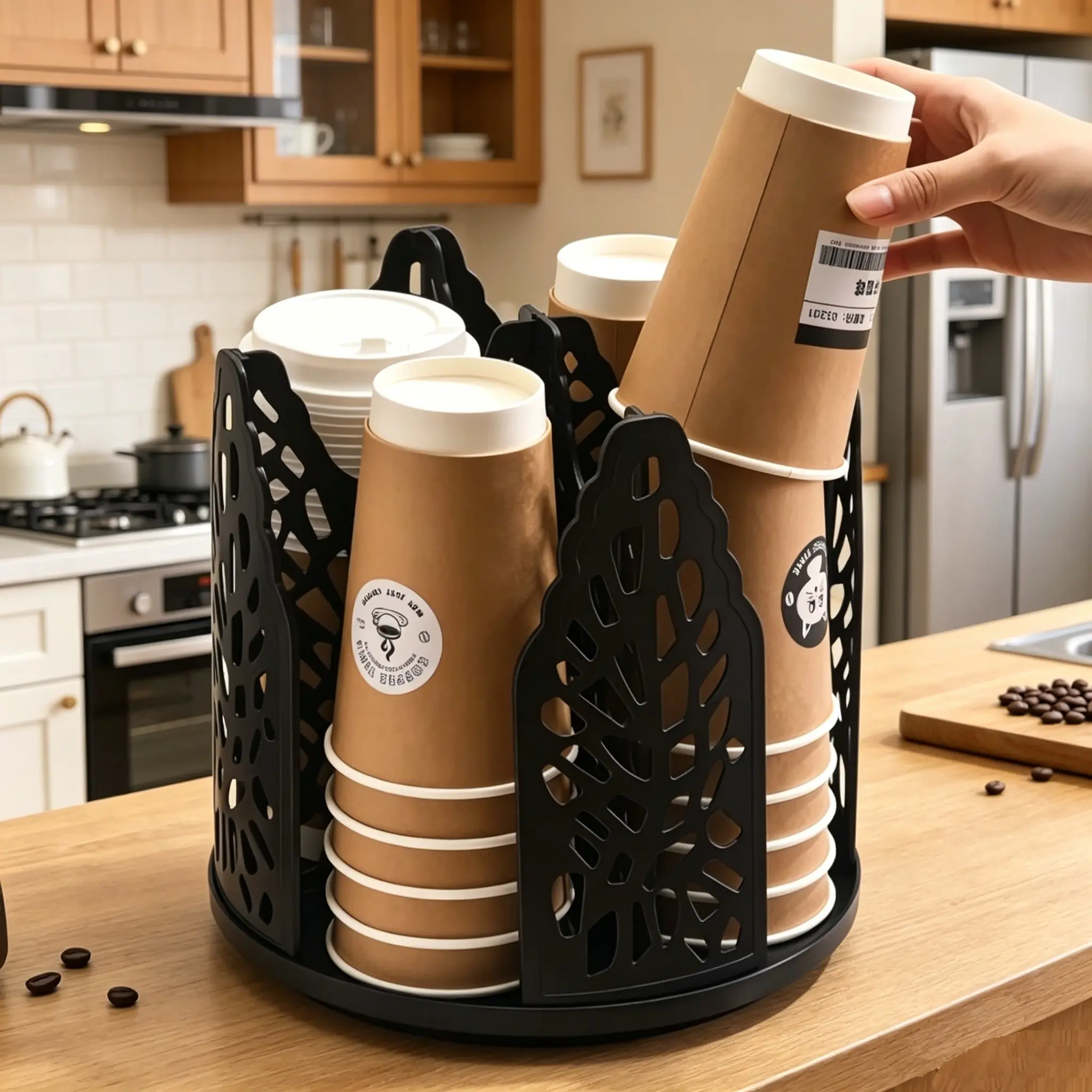 360° Spin Coffee Cup Dispenser, Space-Saving Rotating Kit Organizer for Office Desk,Multifunctional Cup Holder, 1 Count 4 Compartment Cup Dispenser, Space Saving Cup Storage Rack, Cup Organizer Suitable for Stacking 10oz, 12oz, 16oz Cups & Lids