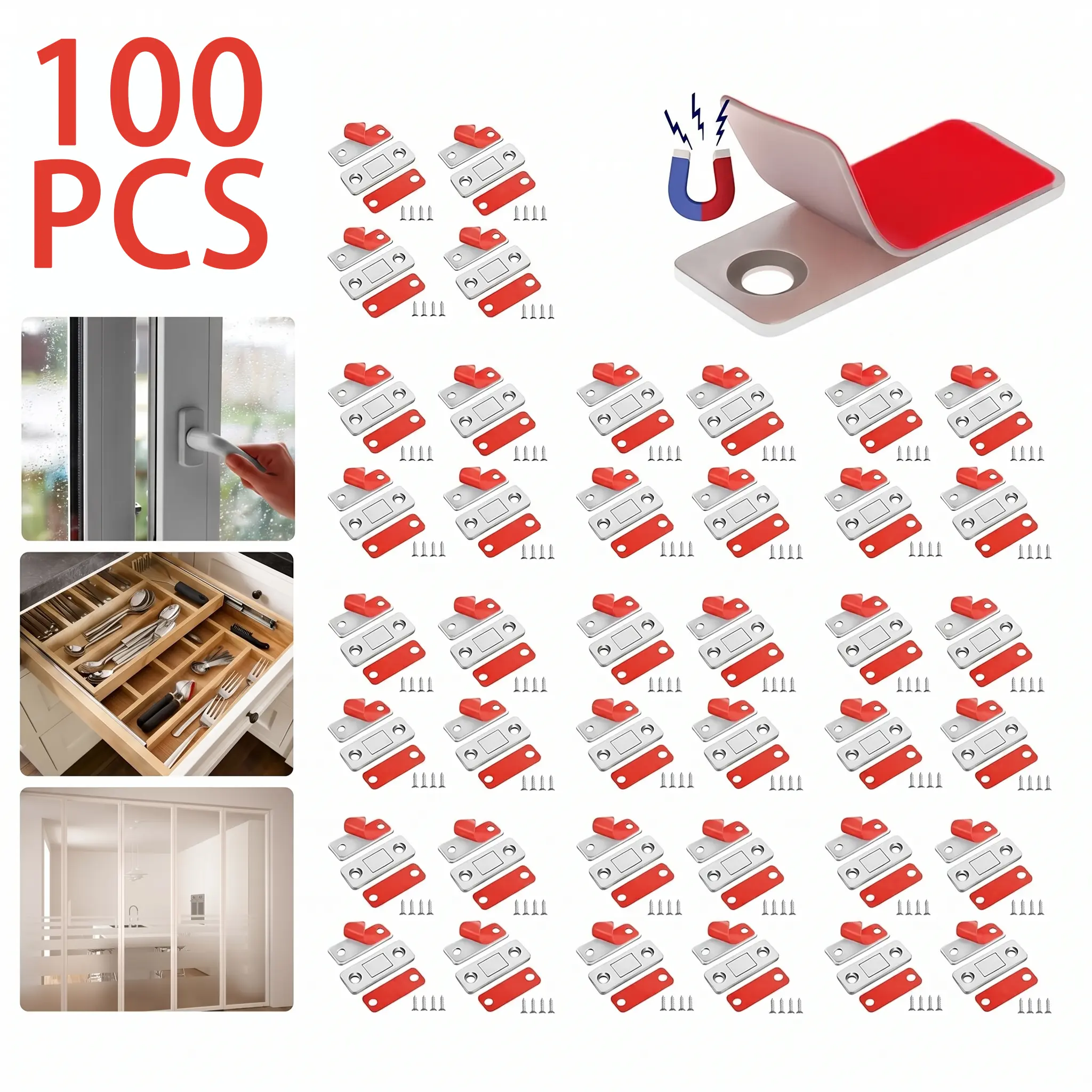 100 Sets Strong Magnetic Door Closers - Ultra-Thin Cabinet Catch Latch, Child-Proof, Magnetizable, Self-Adhesive for Cupboards, Drawers, Sliding Doors, Drawer, Child-Proof Door Closers