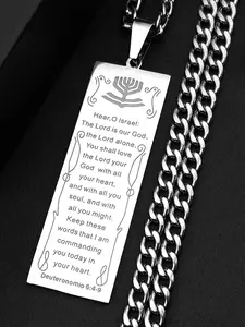 Judaica Israel Lamp Hanukkah Menorah Prayer Necklace for Women Men Stainless Steel Silver Color Chanukah Bible Chain Cuban Link Chain Cuban Link Design