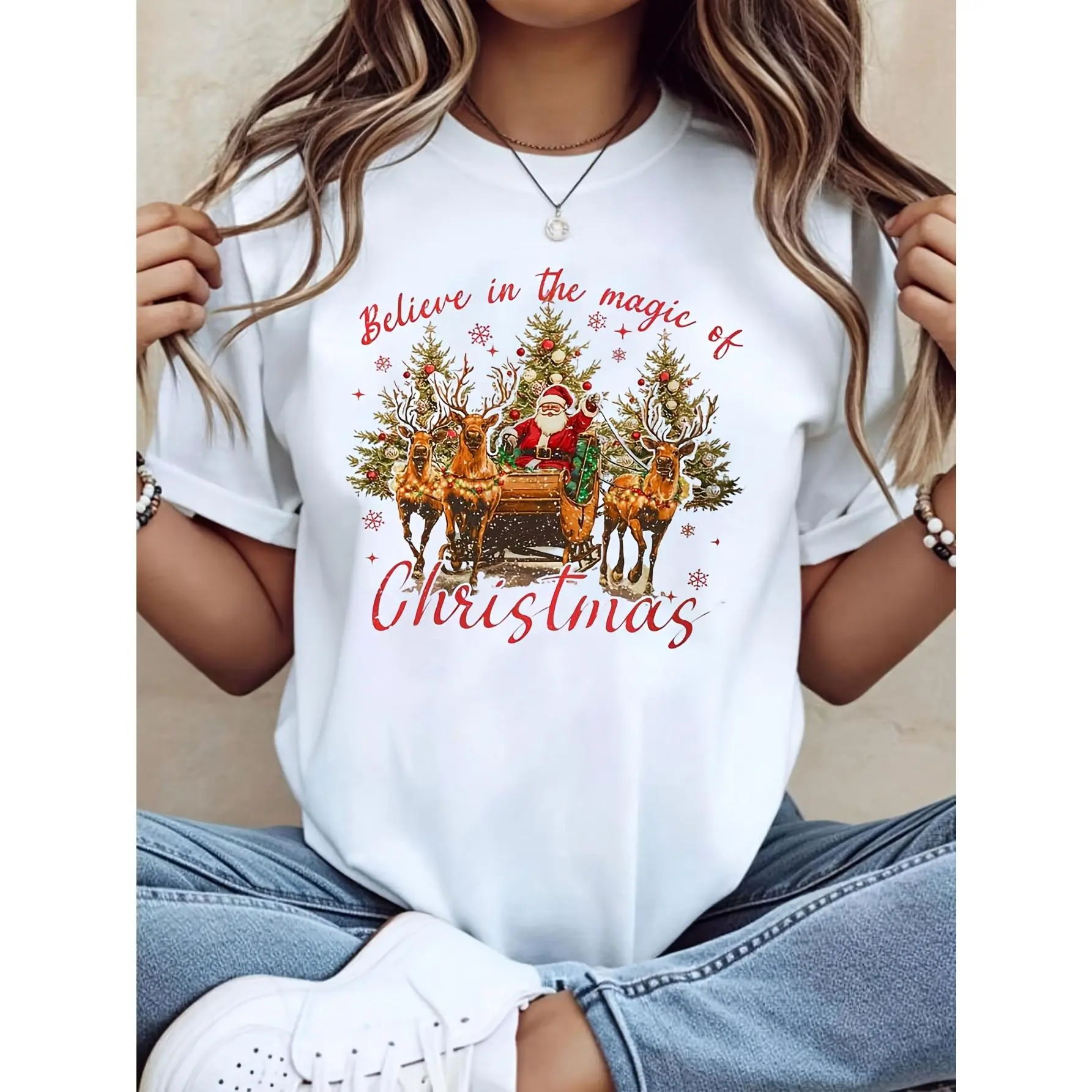 Women's Short-Sleeve T-Shirt - Christmas Santa Claus Sleigh Reindeer Print, Gym-Casual Essential Fabric Top, Festive Holiday Gift for Women, Shortsleeve, Tshirt, Flat, Oversized, Round Neck, Tee